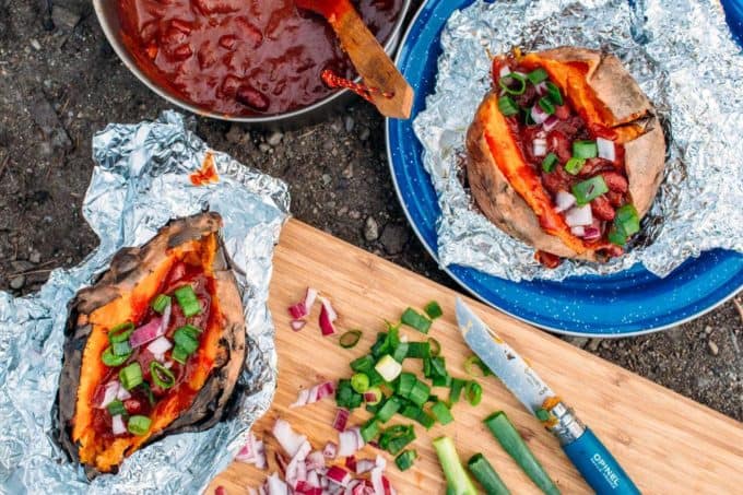 Foil Wrapped Baked Sweet Potatoes With Chili Camping Meal 9
